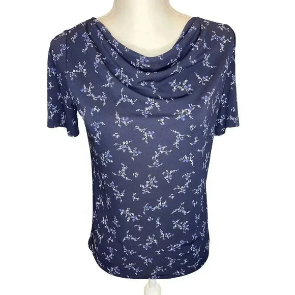 Ann Taylor Petite Small Navy Floral Cowl Neck Short Sleeved Blouse - Picture 1 of 5
